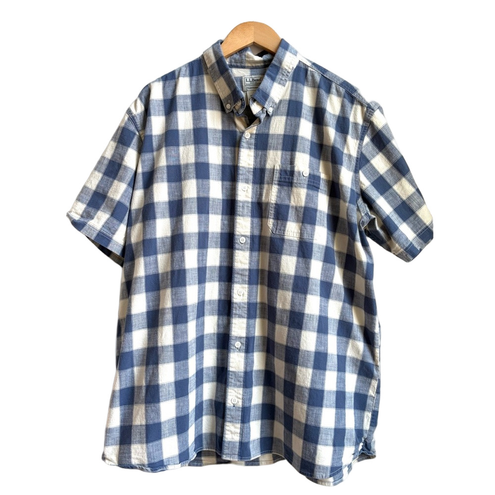 L.L. Bean Blue and Cream Checkered Plaid Men's Cotton button down Shirt XL